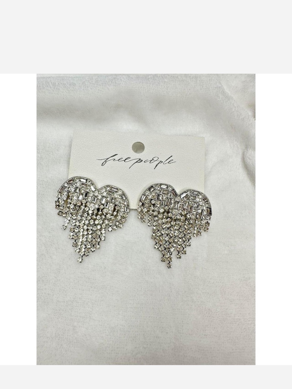 Free People Silver Heart Crystal Fringe Statement Earrings